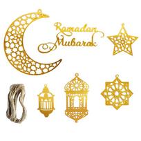 6pcs/Set Gold Ramadan Wall Decor Acrylic with Hemp Rope Hanging Pendants DIY Star Moon Design Hanging Banner Muslim Celebration