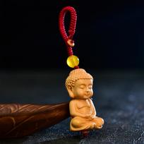 Mini Wood Buddha Key Chain Lucky Pendant Hanging Ornament 2.8inch Long for Men Women Red Rope black
