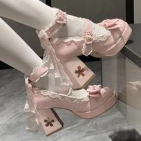Lovely Girls Lolita Butterfly Knot High Heels Platform Shoes Young Women Students Cute Sakura Wedding Dress Mary Janes 34 rožinė