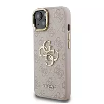 GUESS PU 4G Metal Logo Stand Camera Frame phone case for iPhone 15 Pink