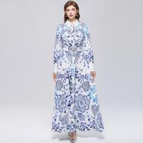 Vintage Paisley Maxi Dress Shirt for Women Spring 2026 Lapel Long Sleeve Single Breasted Print with Belt Bohemian Style S mėlyna