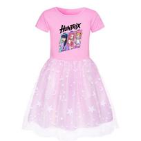 4176 Kids Girls Rumi Zoey Mira Print Round Neck Mesh Dress 110cm rožinė