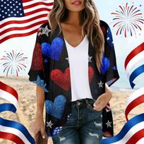 Women’s Loose Fit Open Front Cardigan Casual Kimono Shirt Top with Printed Star and Stripe Pattern for Everyday Wear L juoda