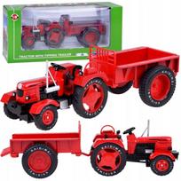 Czerwony Metalowy Traktor Z Przyczepką Skrętne Gumowe Koła 1:18 Za5202