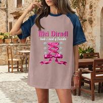Casual Women Denim Patchwork Oktoberfest Print Top Comfortable Short Sleeve T Shirt Loose Fit Fashionable Design S rožinė