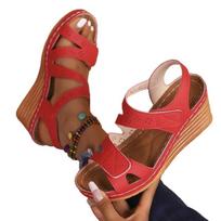 Large-sized Velcro Sandals 2025 Women's New Style Bohemian-style Wedge Heel High-heel Cross-strap Sandals 36 raudona