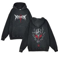 Anime Berserk Retro Skalbimo Poveikio Džemperiai 100% Medvilnės Viršūnės Juodi Rūgštinio Skalbimo Vintažiniai Y2K Džemperiai Su Gaubtu Didelio Dydžio Hip Hop Vyriškas Megztinis S juoda