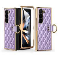 VIETAO Luxury Design Z Fold 7 Case With Finger Ring, PU Leather Phone Case With Tempered Glass For Samsung Galaxy Z Fold 6 5 4 3 For Samsung Z Fold 6 violetinė