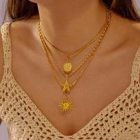 Stainless Steel Sun Starfish Pendant Necklaces Set for Women 3pcs Bohemia Multi-layers Rose Necklaces Waterproof Jewelry Gifts