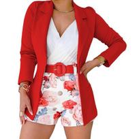 2 Pcs/Set Women Blazer Shorts Set Flower Print Solid Color Coat Long Sleeves High Waist Turn-down Collar Commute Cardigan OL Style Lady Outfit Set L raudona