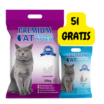 Premium Cat Clumping Bentonite Litter - levandų kraikas katėms 20kg + natūralus kraikas 5L NEMOKAMAI!