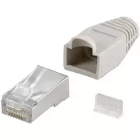 Goobay 68746 RJ45 kištukas, CAT 5e STP ekranuotas su įtempimo mažinimo bagažine, pilkos | apvaliam kabeliui su Threader kabelio laidu 6,4 mm viename pakete (1 komplektas viename maišelyje) Techninės specifikacijos Jungtys, tipas RJ45 kištukinis (8P8C) Jungtis, kontaktų medžiaga auksinis padengtas 3µ Kontaktinis 8 kontaktų kabelio specifikacija CAT 5e Ekranavimo klasė STP AWG 26- 24 Bendras vartojimo vienetas 10 vnt. polybag Spalvotas pilkas