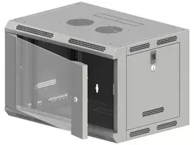 19" 9U 600x600 pakabinama spintelė, nedaloma, vienos sparnos stiklinės durys, pilnas galinis dangtis, perforuoti judantys šoniniai dangčiai, pilka, 4 ALANTEC sijos