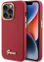 Apple iPhone 15 Pro Guess dėklas Silicone Script Metal Logo & Frame (GUHCP15LSMBSLM) raudonos spalvos