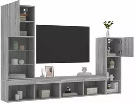 TV staliukas Sieninė TV sekcija su LED, 4 dalių, pilka ąžuolo, mediena