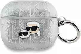 Karl Lagerfeld PU Embossed Karl and Choupette Heads dėklas ausinėms AirPods Pro 2 sidabrinės spalvos