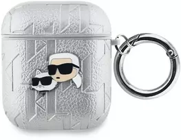 Karl Lagerfeld PU Embossed Karl and Choupette Heads dėklas ausinėms AirPods 1/2 sidabrinės spalvos