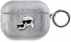 Karl Lagerfeld PU Embossed Karl and Choupette Heads dėklas ausinėms AirPods Pro sidabrinės spalvos