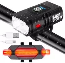 Dviračio žibintai su LED T6 priekiui ir galui, USB įkrovimas