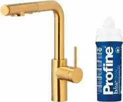 Virtuvės maišytuvas KFA DUERO PURE BASIC IŠTRAUKIAMAS VIRTUVĖS MAIŠYTUVAS SU VANDENS FILTRAVIMO FUNKCIJA IR IŠTRAUKIAMU SNAPELIU + PROFINE Mėlynas S FILTRŲ RINKINYS, ŠLIFUOTO AUKSO SPALVOS