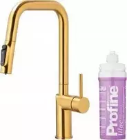 Virtuvės maišytuvas KFA DUERO PURE STYLE IŠTRAUKIAMAS VIRTUVĖS MAIŠYTUVAS SU VANDENS FILTRAVIMO FUNKCIJA IR IŠTRAUKIAMU SNAPELIU + PROFINE LILAC S FILTRŲ RINKINYS, ŠLIFUOTO AUKSO SPALVOS