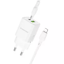 Borofone Laidinis įkroviklis BN14 Royal GaN – USB + Type C – QC 3.0 PD 30W su Type C į Lightning kabeliu baltos spalvos