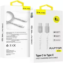 Blavec kabelis Raptor braided – Type C į Type C – PD 60W 3A 0,25 metras (CRA-CC3WS025) baltos spalvos-sidabro spalvos