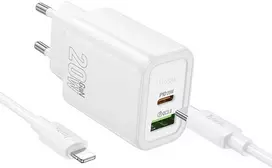 Telefono įkroviklis Hoco USB A + USB C QC3.0 PD 3A 20W + laidas USB C į Lightning N61 baltas