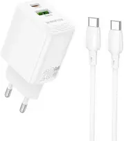 Borofone laidinis įkroviklis BN27 Fuente – USB + Type C – QC 3.0 PD 20W su Type C į Type C kabeliu baltos spalvos