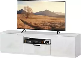 TV staliukas "HOMCOM" televizoriaus spintelė su 2 durelėmis ir stalčiumi, 160 cm ilgio televizoriaus staliukas, skirtas televizoriams iki 65 colių, televizoriaus lentelė su kabelių valdymu, skirta svetainei, balta