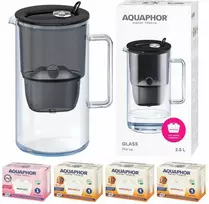 Aquaphor Glass 2,5 l stiklinis filtravimo ąsotis + 4 Maxfor (1Mg+3 H) filtrai, juodos spalvos