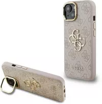 Guess PU 4G Metal Logo Stand Camera Frame dėklas skirtas Apple iPhone 15 rožinės spalvos