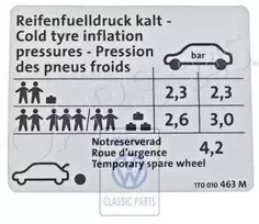 VAG Originalus Volkswagen duomenų ženklas padangų slėgiui NOS 1T0010463M