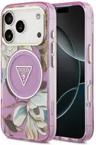 Dėklas Case Guess IML Glitter Flowers Triangle MagSafe for Apple iPhone 17 Pro Max violetinė