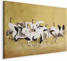 Artgeist Paveikslas - Japanese cranes - a flock of birds against a golden background based on a painting by Ishida Yūtei