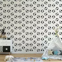 Artgeist Tapetas - Soccer - Symmetrical juodas-and-baltas soccer balls on a beige background.