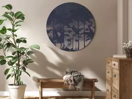 Artgeist Apvalus paveikslas ant drobės - Evening in an exotic forest - Tropical greenery under the cover of night against the backdrop of mountainous terrain