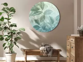 Artgeist Apvalus paveikslas ant drobės - Large Leaves in Shades of Žalias-Mint: Botanical Motif