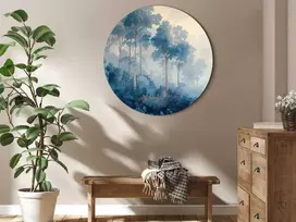 Artgeist Apvalus paveikslas ant drobės - Landscape with Trees in Illustrative Style Fairy-Tale Mėlyna Forest