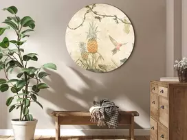 Artgeist Apvalus paveikslas ant drobės - Tropics in muted colors - Parrots and pineapples amidst lush exotic flora in soft shades of žalias