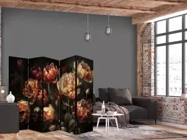 Artgeist Pertvara - Magnificent Tulips - Bouquet of Flowers in Raudona and Baltas on a Juodas Background