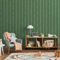 Artgeist Tapetas - Sports Whistles - Repeating pattern on a striped žalias background.