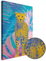 Artgeist Paveikslas - Exotic Leopard - Colorful Portrait of a Cheetah Against Tropical Leaves