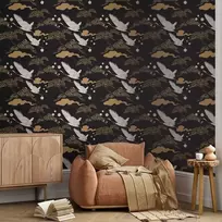 Artgeist Tapetas - Oriental impressions - decorative pattern with a motif of flying cranes on a dark background