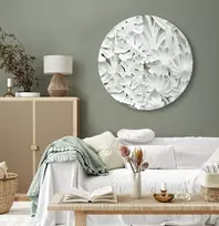 Artgeist Apvalus paveikslas ant drobės - Carved Nature - Pattern With Baltas Leaves Made of Stone