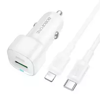 Borofone automobilinis įkroviklis BZ34B Cloud – USB + Type C – QC 3.0 PD 38W with Type C to Lightning cable baltas