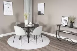Venture Design Valgomojo komplektas Plaza apvalus valgomojo stalas 100x75 cm juodas raukšlėtas valgomojo kėdė pilkas aksomas