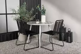 Lauko baldų komplektas Venture Design Valgomojo komplektas apvalus stalas 90 cm baltas pilkas 2 sukraunami kėdės juodos aliuminio virvė