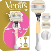 Gillette Venus ComfortGlow Argan Oil skustuvas, 3 keičiamos skustuvo galvutės, sieninis laikiklis