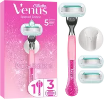 Gillette Venus Party Edition skustuvas, 3 keičiamos skustuvo galvutės, sieninis laikiklis